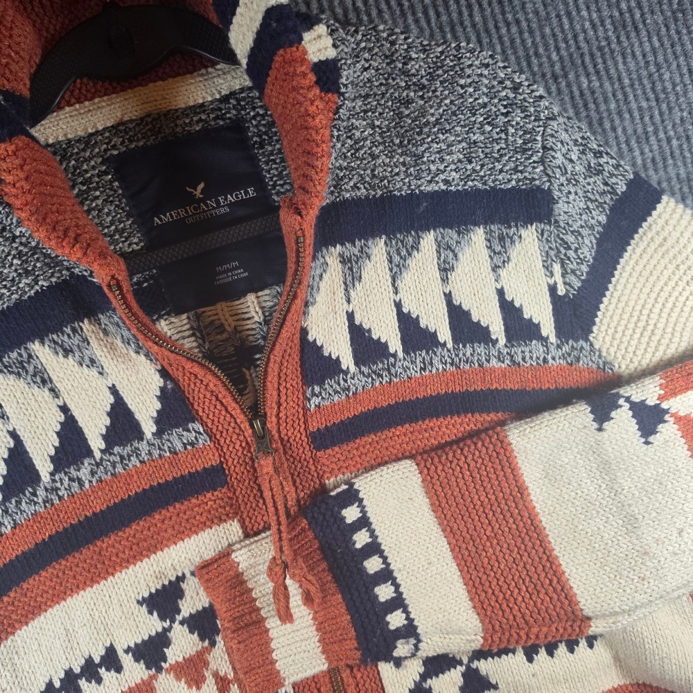 American Eagle Full Zip Cardigan Mens Medium Orange Blue Southwestern